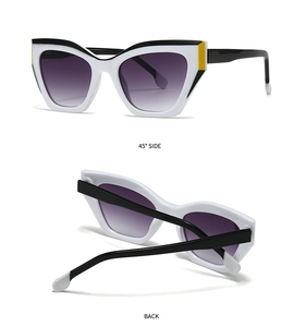 Detailed 45-degree and back view of fashion cat-eye sunglasses with gradient purple lenses