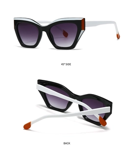 Detailed 45-degree and back view of tricolor cat-eye sunglasses with purple gradient lenses