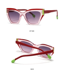 Detail view of cat eye sunglasses showing the 45-degree side profile and back structure