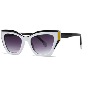 Modern white cat eye sunglasses with yellow and black accents and gradient lenses