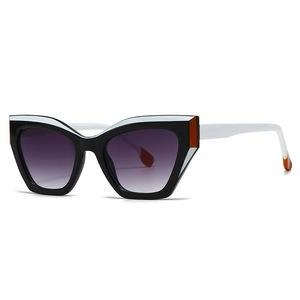 Fashionable cat eye sunglasses with tricolor patchwork frame and purple gradient lenses