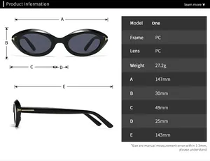 Detailed size specifications for modern retro cat eye sunglasses with frame measurements