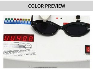 Detail showing black cat eye sunglasses undergoing UV400 protection testing on sensor