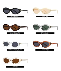 Detailed grid view of modern oval sunglasses with signature T-shaped metal hinges in various colors
