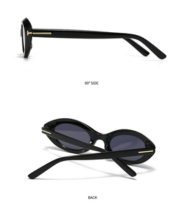 Detail of retro oval sunglasses showing side T-metal hinge and back folded view