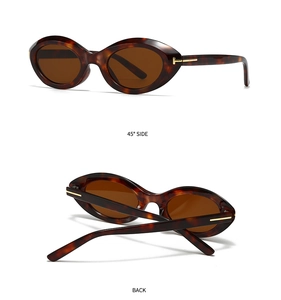 Detail view of tortoiseshell oval sunglasses with signature gold T-shaped metal hinges