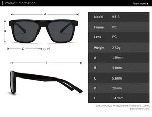 Detailed sizing chart and specifications for polarized square frame sunglasses model 9313