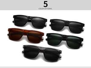Flat lay of polarized square sunglasses in five colors with matte and glossy finishes