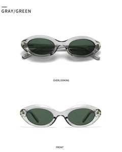 Detail view showing gray oval frame with green lenses and gold T-shaped metal hinges