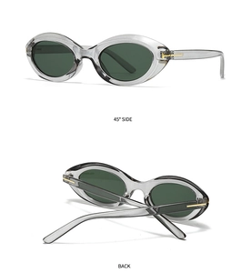 Detail view of transparent grey sunglasses showing the golden T-shaped metal hinges