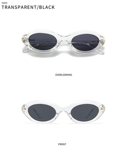 Front and top view of transparent oval sunglasses with gold T-shaped metal hinges