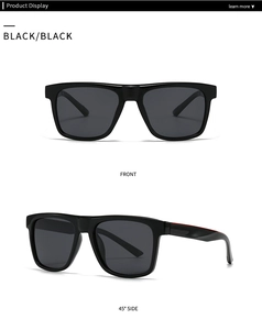 Front and 45-degree side views showing black square frame sunglasses with red temple accents