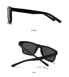 Detailed side and back views of square polarized sunglasses with red stripe accents