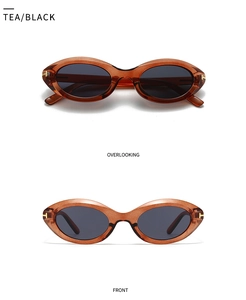 Detail view of retro oval sunglasses in tea translucent frame with gold T-shaped hinge