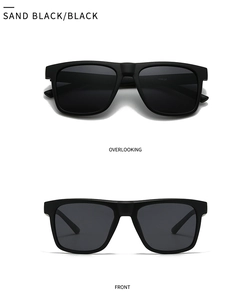 Detail view of square matte black polarized sunglasses with a sand black frame and dark lenses