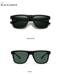 Front and overlook views of matte black square polarized sunglasses with green lenses