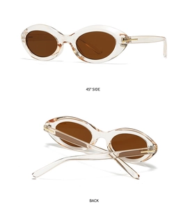 Detail of oval cat-eye sunglasses with transparent tea frame and gold T-shaped metal hinges