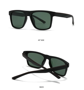 Detail view showing 45-degree and back angles of square matte black polarized sunglasses
