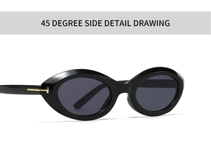 Detail view of oval black sunglasses featuring a signature golden T-shaped metal hinge