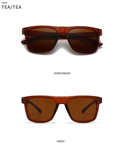 Close-up of polarized tea lenses and square resin frames with CE marking detail