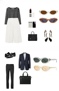 Flat lay display of retro oversized sunglasses styled with chic men and women outfits