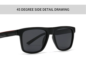 45-degree side view of square black sunglasses with red accent on the temple arm