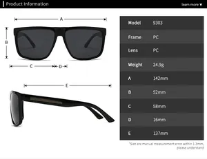 Guide des tailles détaillé pour lunettes de soleil polarisées carrées modèle 9303 et infos
