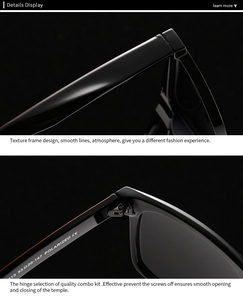 Detail view of polarized sunglasses with durable hinges and CE marking on the frame