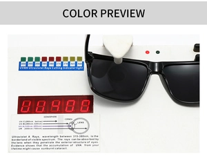 Détail de lunettes de soleil carrées subissant un test de protection UV400 aux rayons