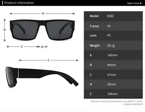 Detaillierte Größenangaben und Maße für die 9302 quadratische polarisierte Sonnenbrille