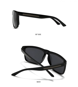 Vues détaillées de profil et de dos de lunettes de soleil carrées noires avec décor métal
