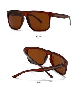 Vues détaillées montrant le côté à 45 degrés et l'arrière des lunettes de soleil carrées marron