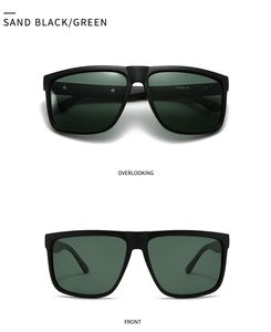 Vue détaillée de lunettes de soleil polarisées noir mat avec verres verts sous deux angles