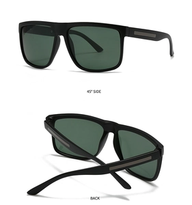 Détail macro de lunettes de soleil noires carrées avec accents métalliques et vue latérale