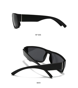 Seitenansicht und Rückendetail der schwarzen quadratischen Polarisations-Sonnenbrille