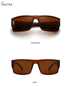 Detailansicht der quadratischen polarisierten Sonnenbrille in Teefarbe mit CE-Zeichen