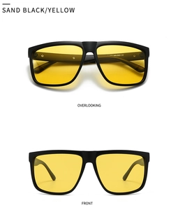 Détail des lunettes de soleil carrées noir mat avec verres polarisés jaunes et logo CE