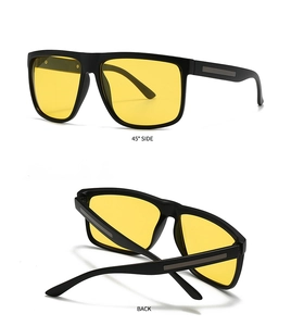 Vue détaillée des lunettes de soleil carrées noires avec verres jaunes de côté et de dos