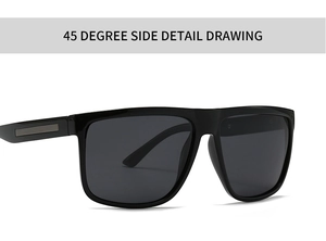 Détail de profil à 45 degrés de lunettes de soleil carrées noires avec décor métal