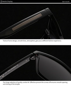 Vue détaillée des charnières renforcées et du marquage polarisé sur lunettes de soleil noires