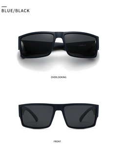 Vorder- und Draufsicht der quadratischen Polarisations-Sonnenbrille in Blau und Schwarz