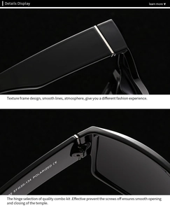 Detailansicht der robusten Scharniere und polarisierten Gläser der schwarzen Sonnenbrille
