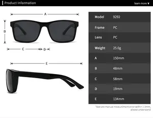 Detailed size chart for square frame polarized sunglasses with exact dimensions and specs