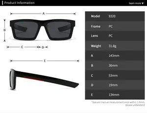 Detailed size chart for square sunglasses model 9320 with specific frame dimensions