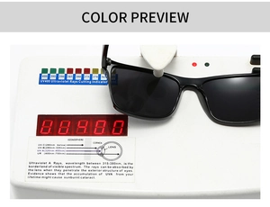 Detailed UV400 protection test showing polarized black square sunglasses with UV sensor