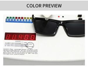 Detailed UV400 test showing black square sunglasses blocking harmful ultraviolet rays