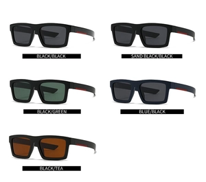 Multiple views of square frame sunglasses with red stripe detail in five classic colors