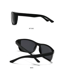 Detail view of square black sunglasses showing 90-degree side profile and woven texture