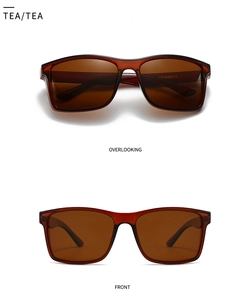 Detail view of tea-colored polarized square sunglasses with transparent resin frame and CE mark