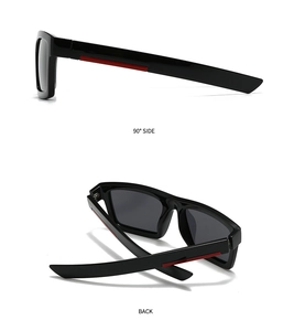 Detail view of square polarized sunglasses with signature red stripe on temples